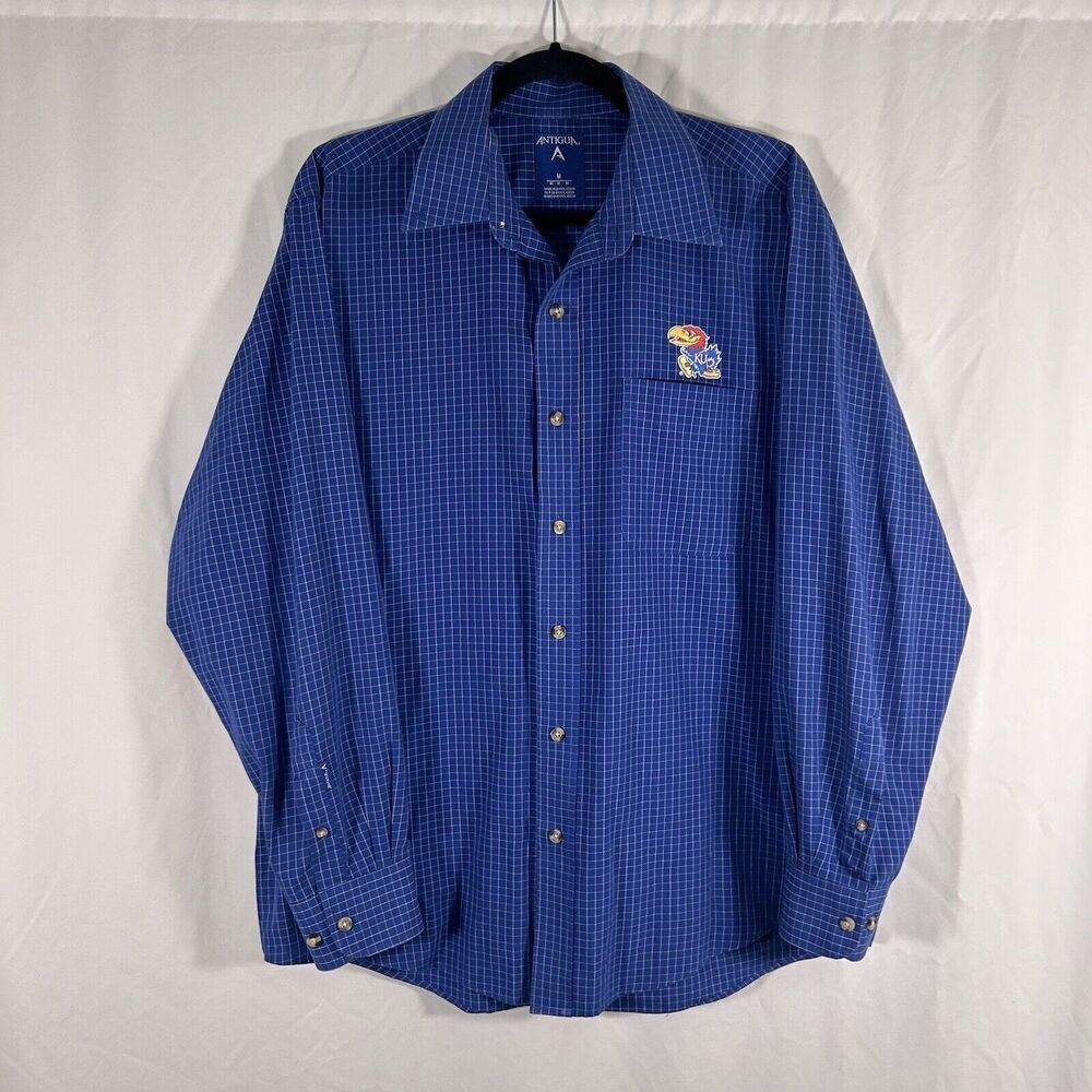 KU Jayhawks Dress Shirt Men's Medium Blue Plais Button Up Long Sleeve Antigua